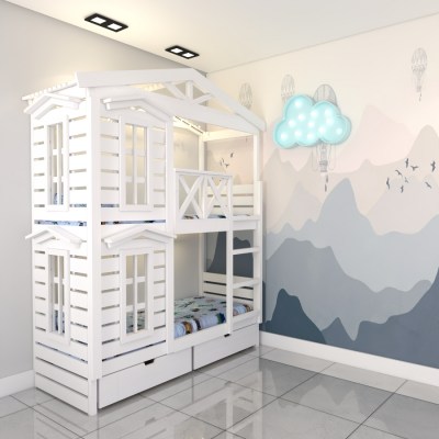 Кровать двухъярусная в виде домика Chalet-2-V2BrS-Lch для детей и подростков из массива сосны 
